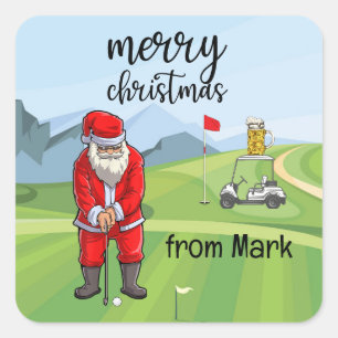 Sticker Carré Golf Santa Claus est golfeur à Noël