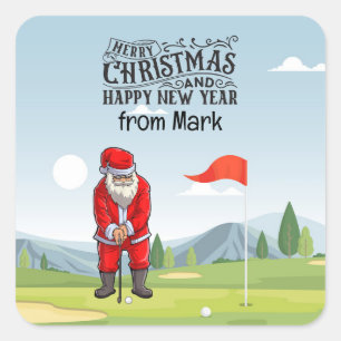 Sticker Carré Golf Santa Claus est golfeur à Noël