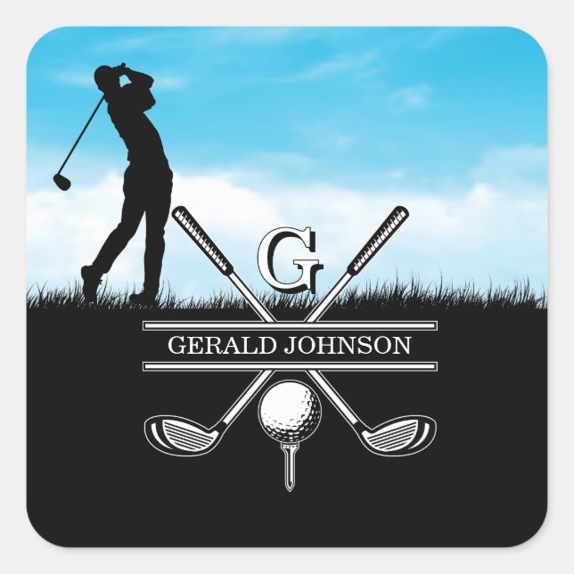 Sticker Carré Golfer Elegant Conception Monogramme (Devant)