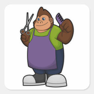 Sticker Carré Gorilla comme coiffeur avec ciseaux et peigne