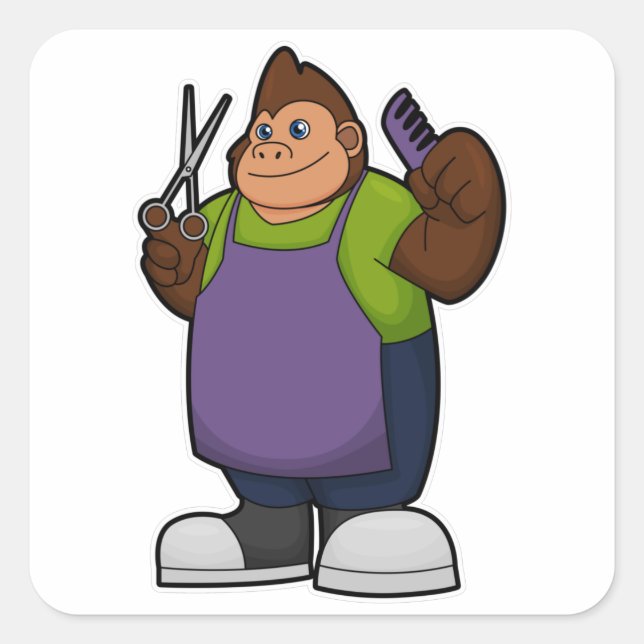 Sticker Carré Gorilla comme coiffeur avec ciseaux et peigne (Devant)