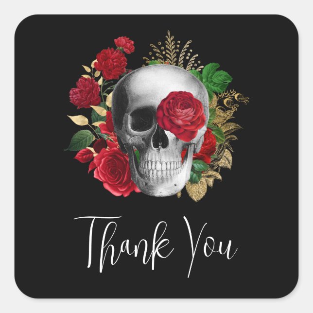 Sticker Carré Goth Crâne avec Merci de fleurs rouges (Devant)