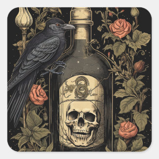 Sticker Carré Goth vintage Skeleton Ski Corbeau Poison Halloween