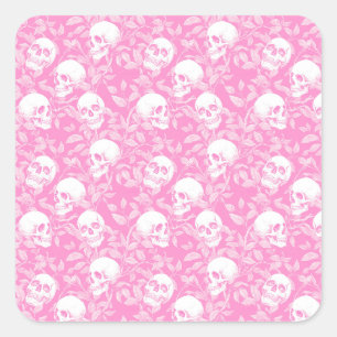 Sticker Carré Gothique rose punk féminine crânes et feuillage Ha