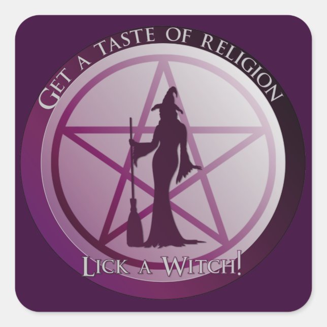 Sticker Carré Goûtez à la religion. Lick a Witch ! (Devant)