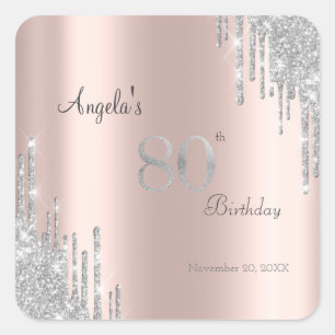 Sticker Carré Gouttes de Paillettes Argentées Rose Gold 80ème An