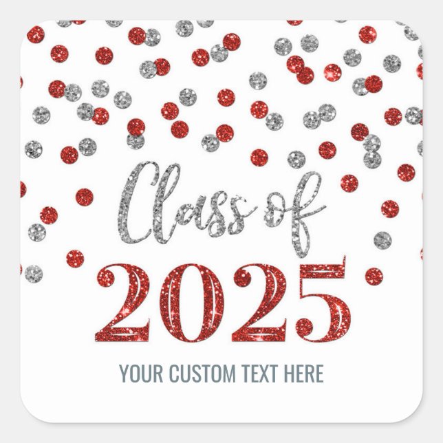 Sticker Carré Graduation Argent Rouge Confetti 2025 (Devant)