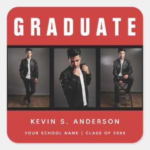 Sticker Carré Graduation Photo Collage Rouge et Noir Personnalis