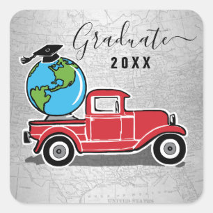 Sticker Carré Graduation Vintage Camion Rouge Grad Casquette Mon