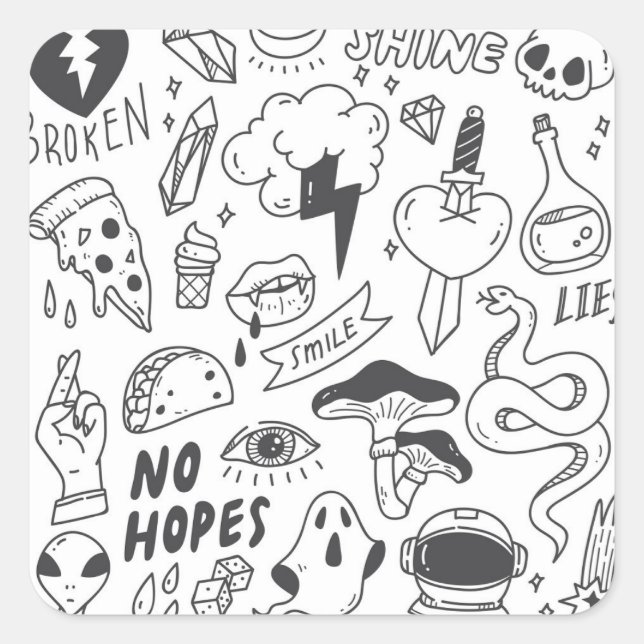 Sticker Carré Graffiti mignon : Doodle Art Set. (Devant)