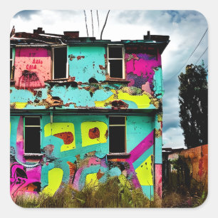 Sticker Carré Graffiti rose et Turquoise   Maison abandonnée