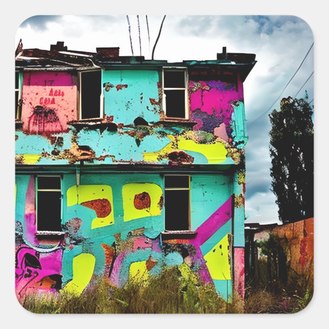 Sticker Carré Graffiti rose et Turquoise | Maison abandonnée (Devant)