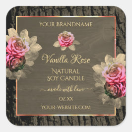 Sticker Carré Grain en bois foncé Brown Roses roses roses Étique