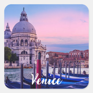 Sticker Carré Grand Canal avec gondoles et église à Venise