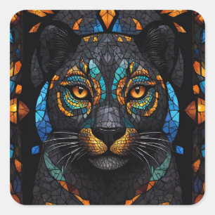 Sticker Carré Grand Chat noir Mosaïque coloré effet de verre