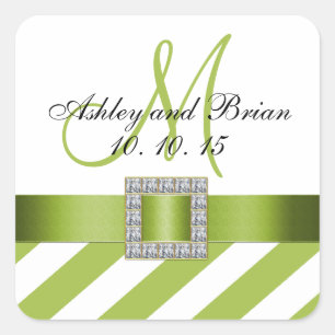 Sticker Carré Grandes Vertes Ruban Monogramme Mariage Faveur Éti