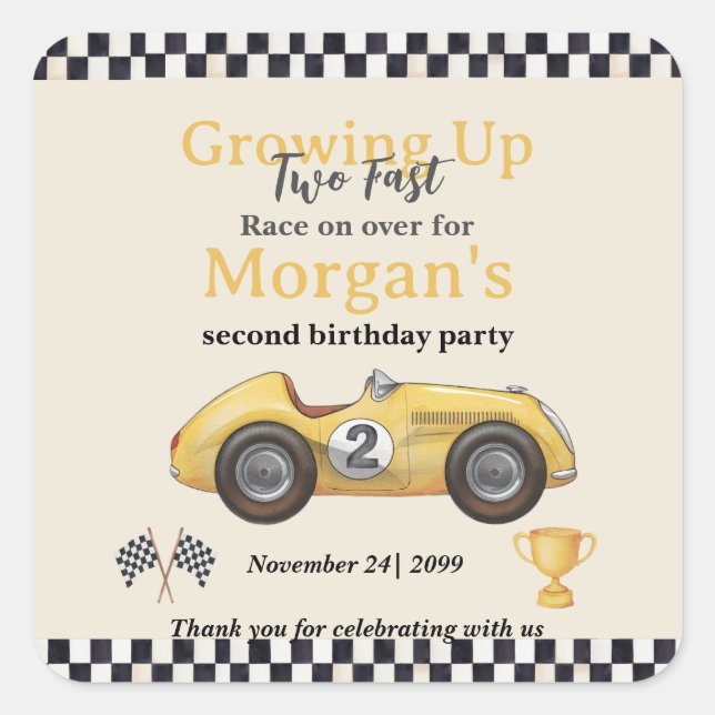 Sticker Carré Grandir Deux Rapide Voiture De Course Jaune Enfant (Devant)
