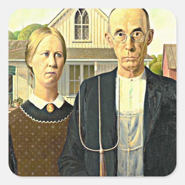 Sticker Carré Grant Wood - American Gothic, (Devant)