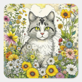 Sticker Carré Gray Kitty Chat assis en Fleurs