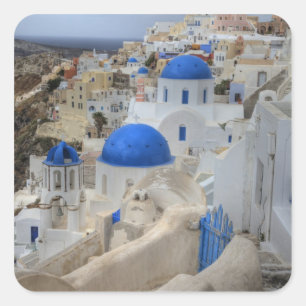 Sticker Carré Grèce, Santorin. Tour Bell et dômes bleus de 3