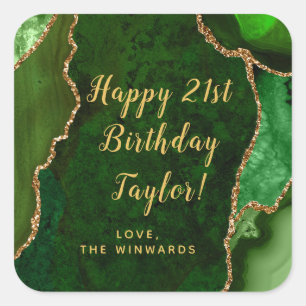 Sticker Carré Green and Gold Agate Joyeux anniversaire