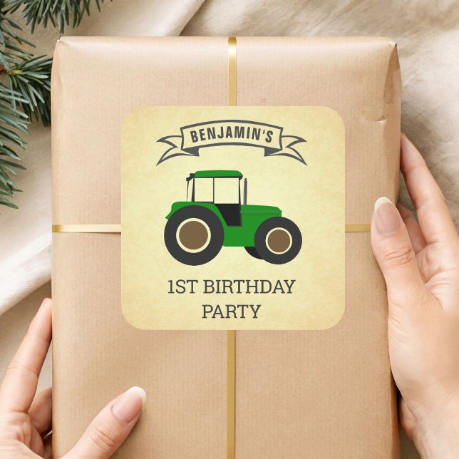 Sticker Carré Green Farm Tractor Anniversaire de enfant Party (Créateur téléchargé)