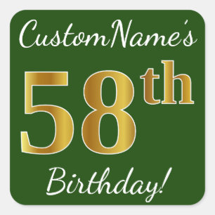 Sticker Carré Green, Faux Gold 58e anniversaire + Nom personnali