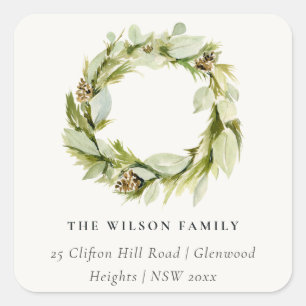 Sticker Carré Green Foliing Winter Wreath Christmas Adresse