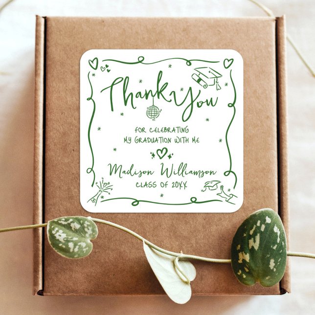 Sticker Carré Green Hand Drawn Doodle Graduation Thank You White (Créateur téléchargé)