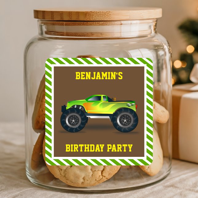 Sticker Carré Green Monster Truck Anniversaire de enfant Party F (Créateur téléchargé)