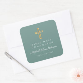 Sticker Carré Green Religious Cross Boy First Communion