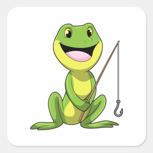 Sticker Carré Grenouille à la pêche avec canne à pêche (Devant)