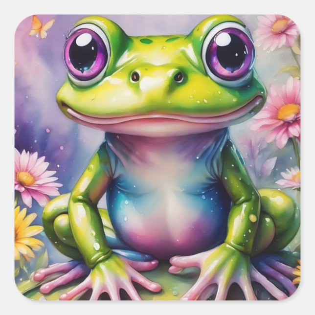 Sticker Carré Grenouille Avec Art numérique Fleur (Devant)