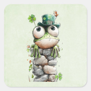 Sticker Carré Grenouille avec chapeau vert et trèfle mignonne