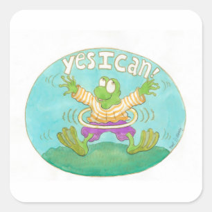Sticker Carré grenouille avec hula hoop dit "OUI JE PEUX !"