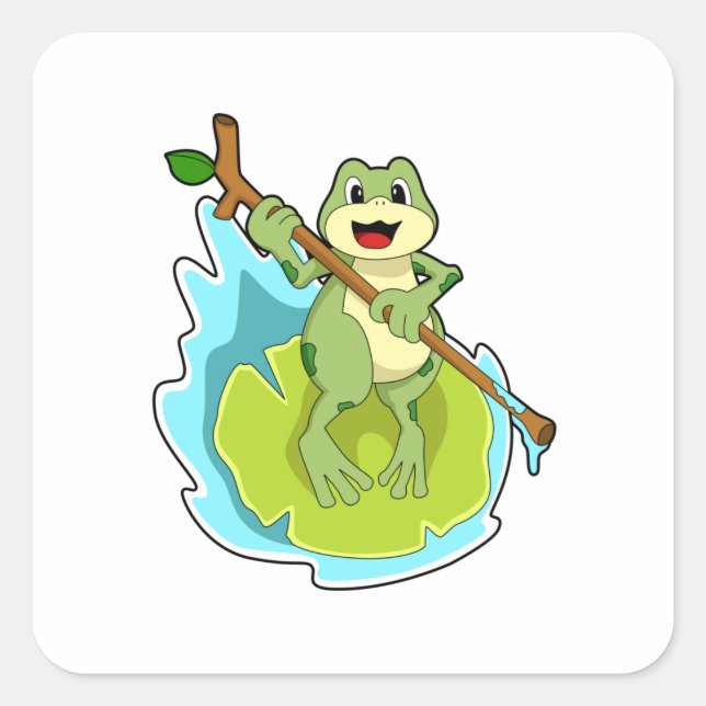 Sticker Carré Grenouille comme randonneur avec bâton (Devant)