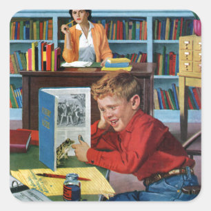Sticker Carré Grenouille dans la bibliothèque