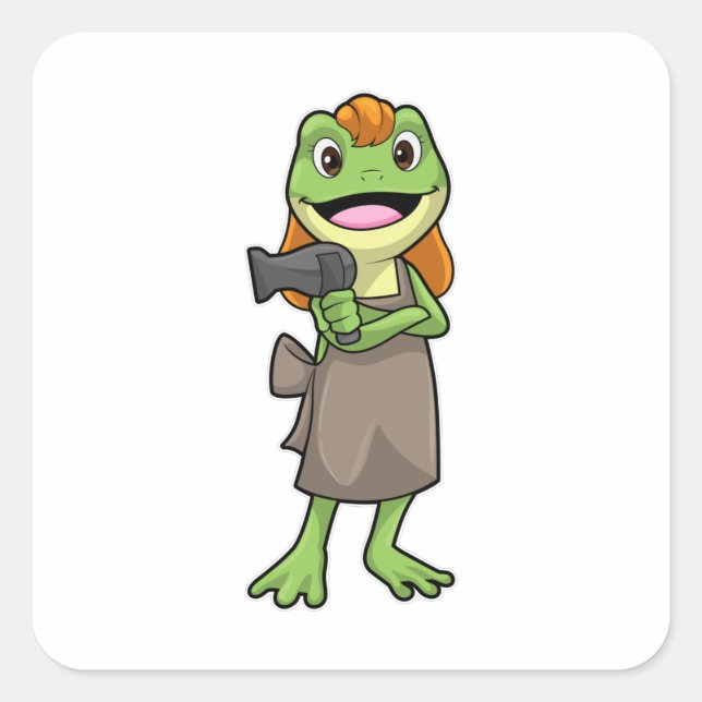 Sticker Carré Grenouille en coiffeur avec sèche-cheveux (Devant)