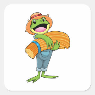 Sticker Carré Grenouille en tant que fermier avec paille