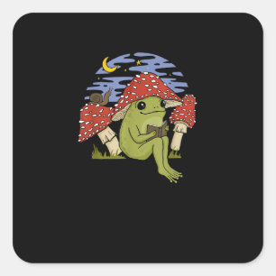 Sticker Carré Grenouille fan de livre avec chapeau de champignon