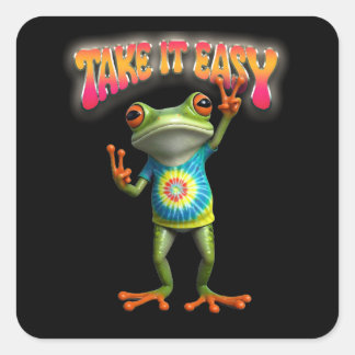 Sticker Carré Grenouille Hippie Prenez les Choses Facilement Amu