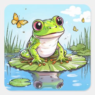 Sticker Carré Grenouille mignonne sur un tapis de Lily