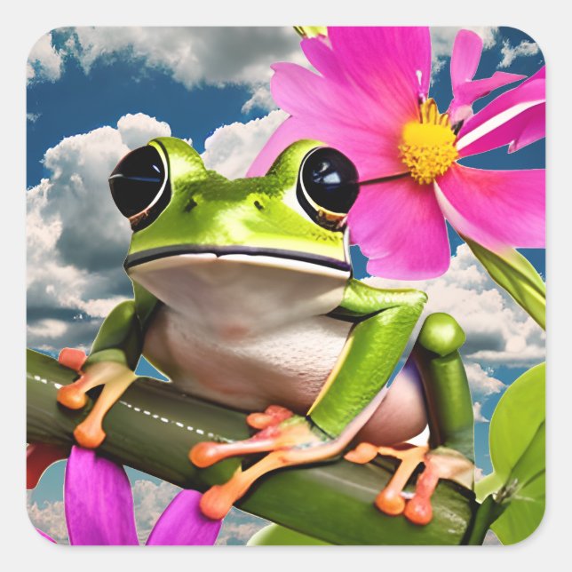 Sticker Carré Grenouille mûre sur une branche de fleurs roses av (Devant)