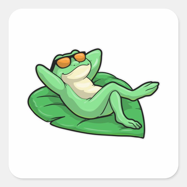 Sticker Carré Grenouille sur la feuille avec lunettes de soleil (Devant)