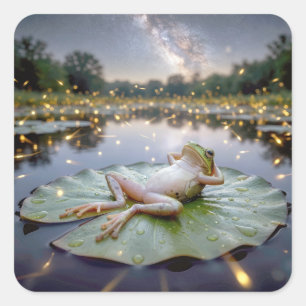 Sticker Carré Grenouille sur un nénuphar avec des lucioles
