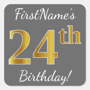 Sticker Carré Grey, Faux Gold 24e anniversaire + Nom personnalis