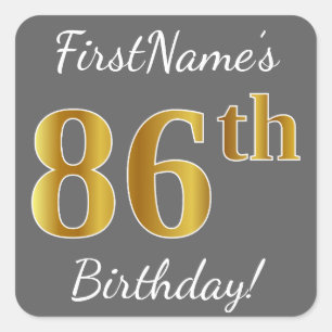Sticker Carré Grey, Faux Gold 86e anniversaire + Nom personnalis