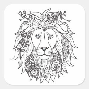 Sticker Carré Griffonnage de lion et de fleurs