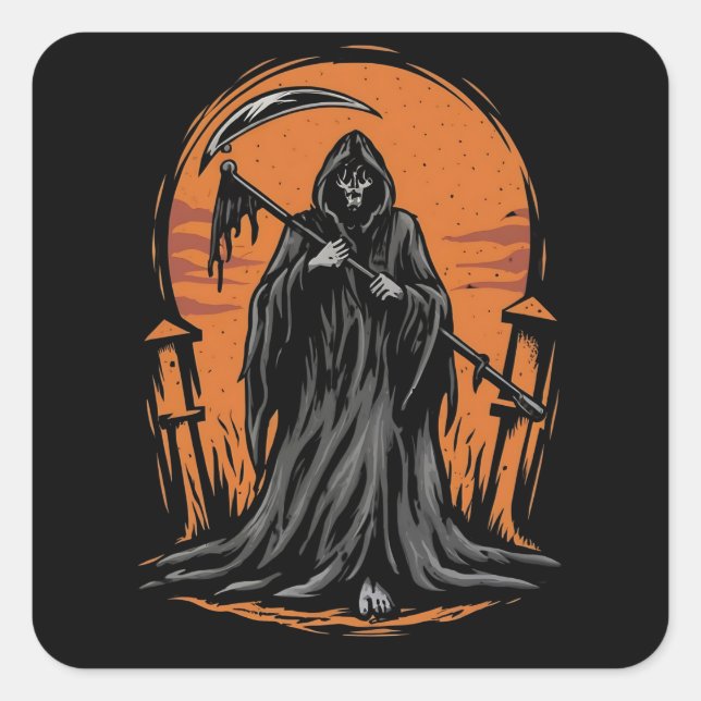 Sticker Carré Grim Reaper Cartoon in Sunset Graveyard (Devant)