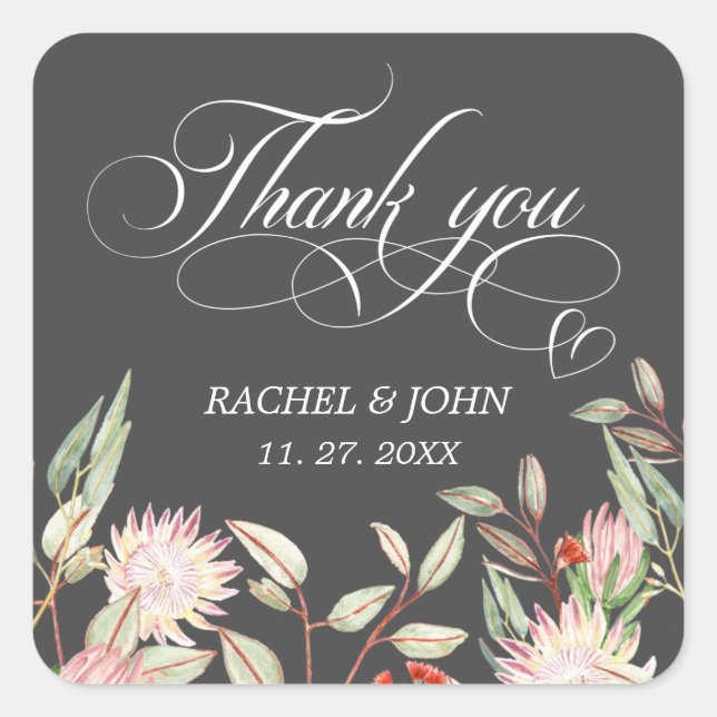 Sticker Carré Gris Calligraphique Script Merci Mariage de coeur (Devant)